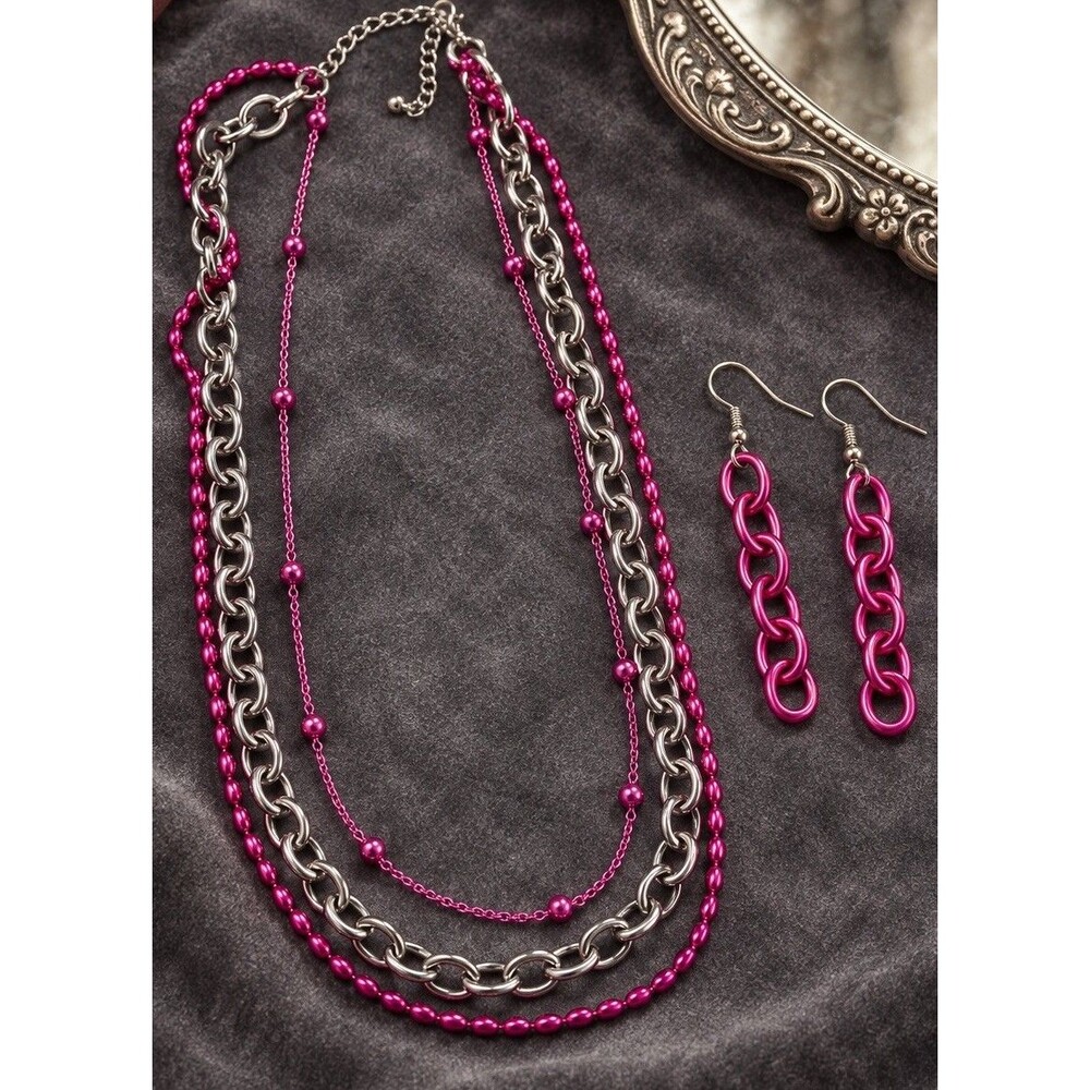 Vintage 1980s Y2K Hot Pink Silver Tone 3 Strand Chain Necklace Earrings Set
